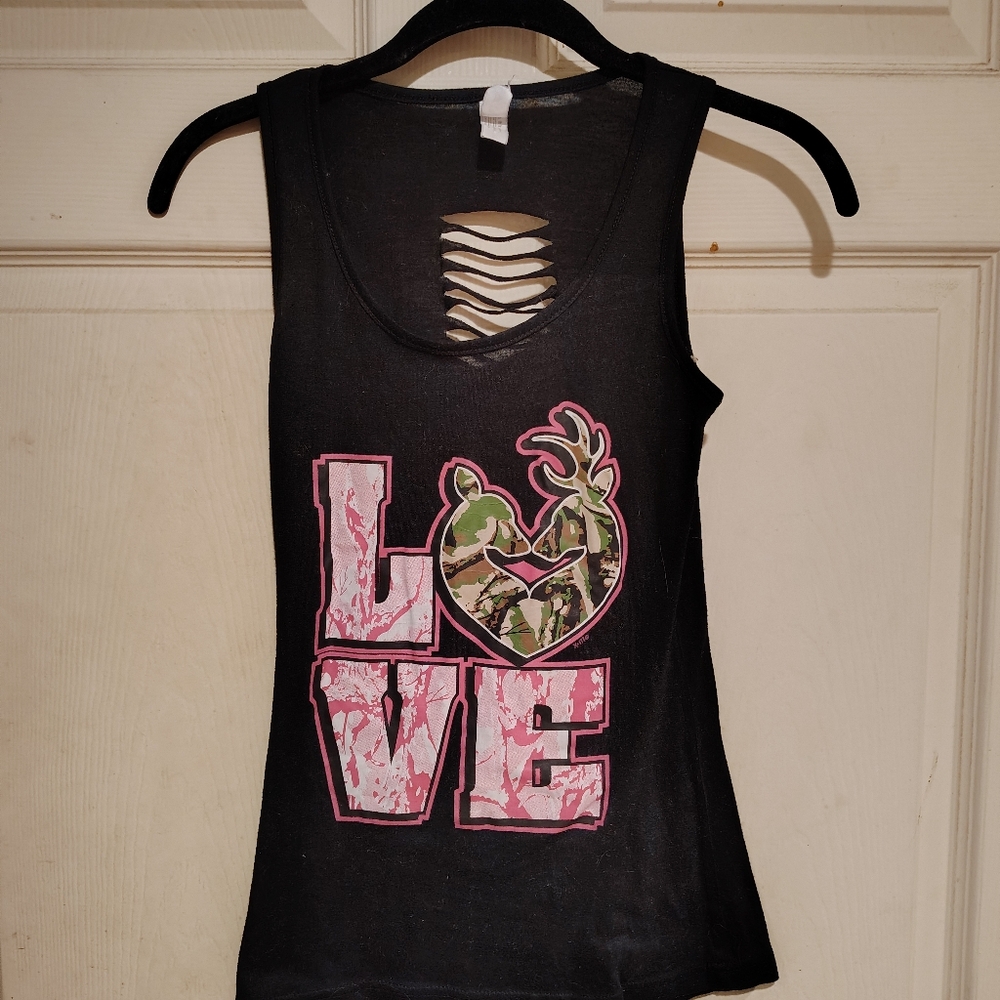 KMA Women's Size S Black Tank Top with Pink and Camouflage Love Couples Design